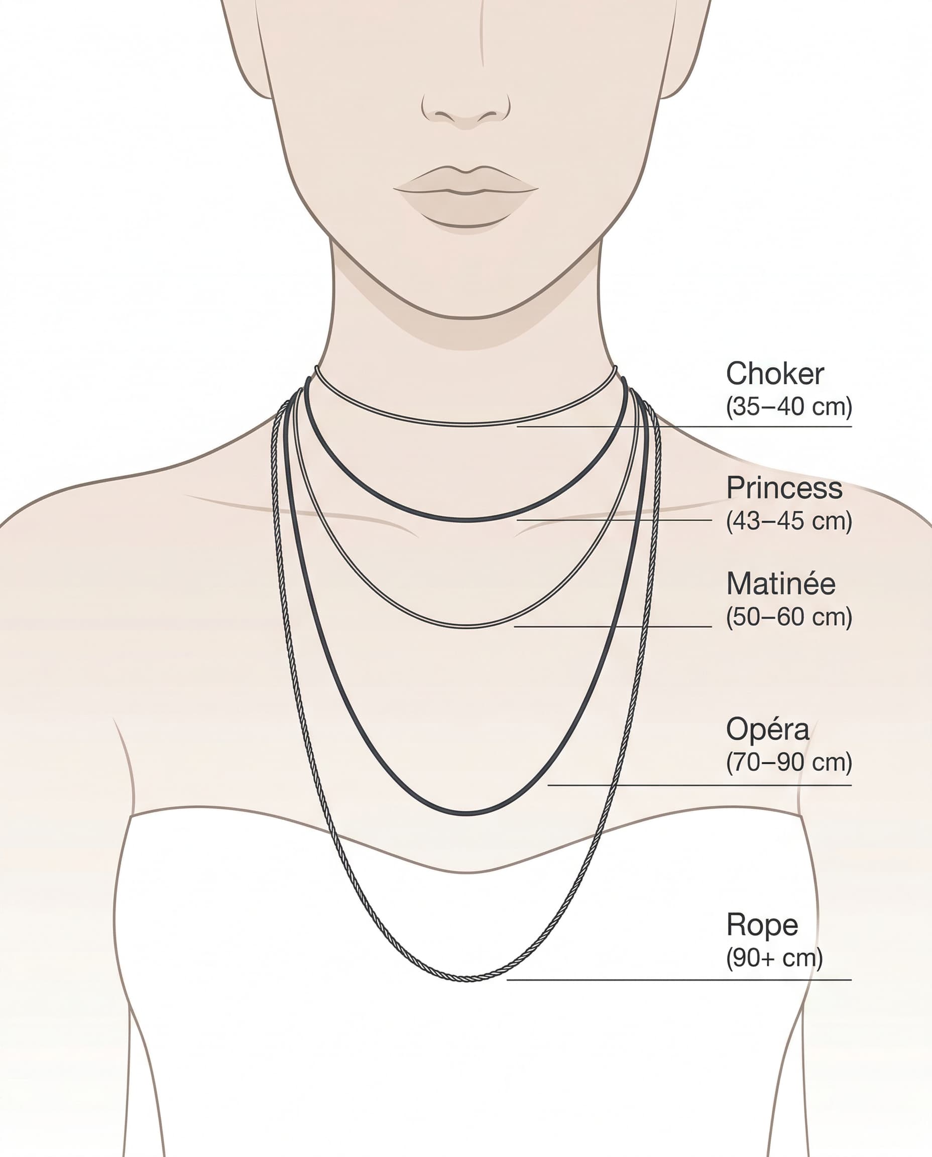 Guide visuel montrant cinq longueurs de colliers sur le cou et le buste